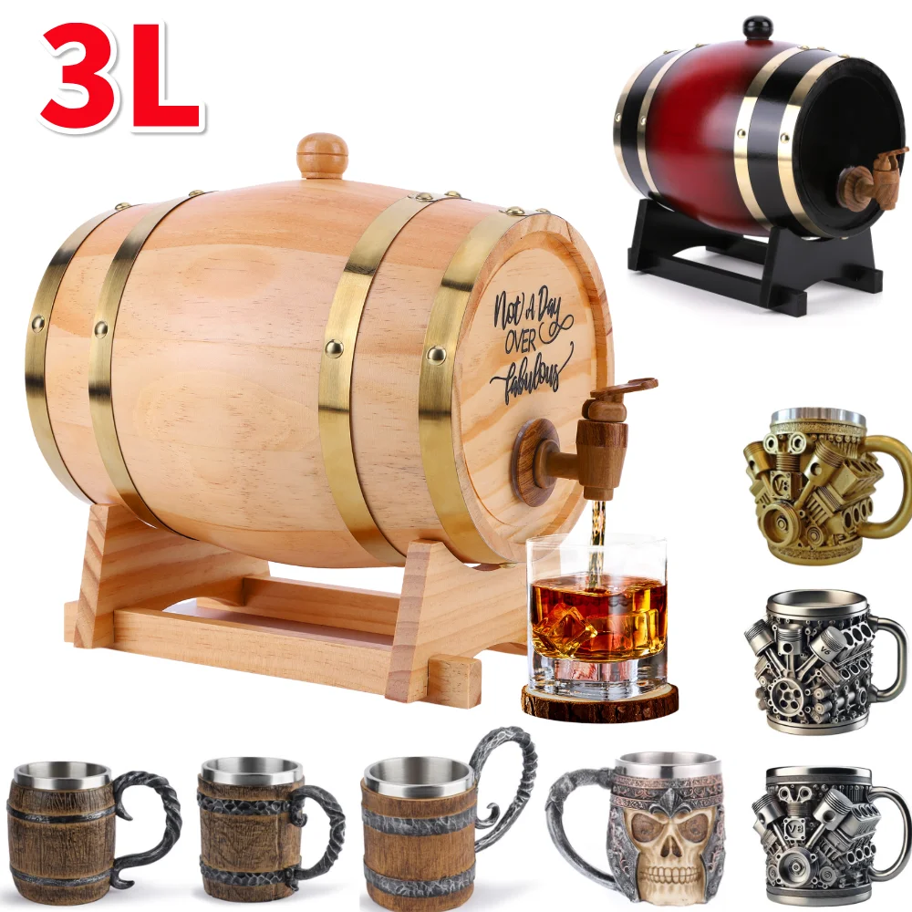Wine Beer The Whiskey - 3L Wooden Whiskey Barrel with Stand